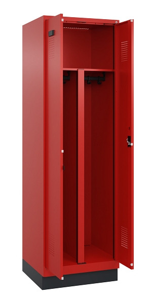 C+P PSA Schwarz-Weiß-Spind Evolo PLUS, mit Sockel, 2 Abteile, 1950x600x500mm, 30, Frontfarbe RAL 3020 Verkehrsrot, Zylinderschloss, 049022-20P S10052