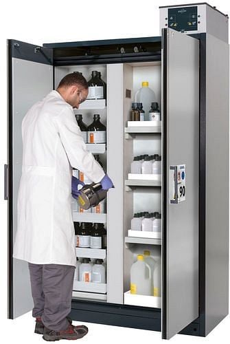 asecos Feuerbeständiger Gefahrstoffschrank Select, Mittelwand, Auszugswannen und Wannenböden, silber, 266835