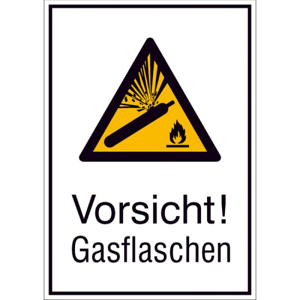 Stein HGS Kombischild mit Warnzeichen und Zusatztext, Vorsicht! Gasflaschen, 131 x 185 mm / Folie, selbstklebend, 21.a8015