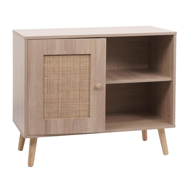 Mendler Kommode HWC-M39, Schrank Sideboard Highboard, Staufach, Kubu Rattan Holz Melamin, 67x80x38cm Eiche-Optik, 104213