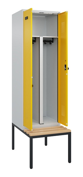 C+P PSA Doppel-Spind Evolo PLUS, Bank, 2 Abteile, 2120x600x815mm, 7035/1023, Drehriegel, Sitzfläche Buche-Hartholz, Sitzbank, 0490527-20P S10001