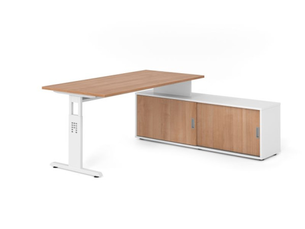 Hammerbacher Aufsatz-Schreibtisch OSE16, 160x80cm, Platte: Nussbaum, 25mm dick, T-Fuß Gestell Weiß, Weiß / Nuss, VOSE16SB/N/W/W/N