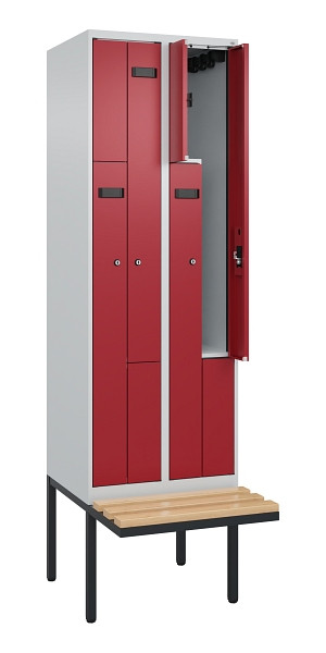 C+P Z-Spind Evolo PLUS, Bank, 4 Fächer, 2120x600x815mm, 7035/3003, Zylinderschloss, Sitzfläche Holz, 0490437-204 S10031