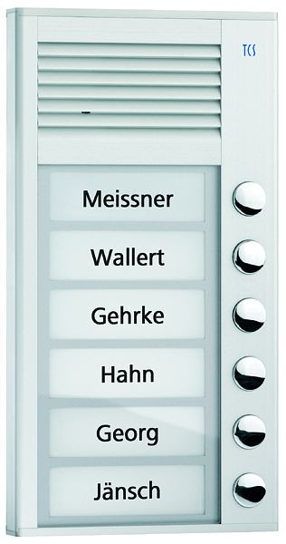 TCS Türkontrollsystem Audio Außenstation Serie PAK 6 Klingeltasten (rechtsbündig), AP silber, PAK06-EN