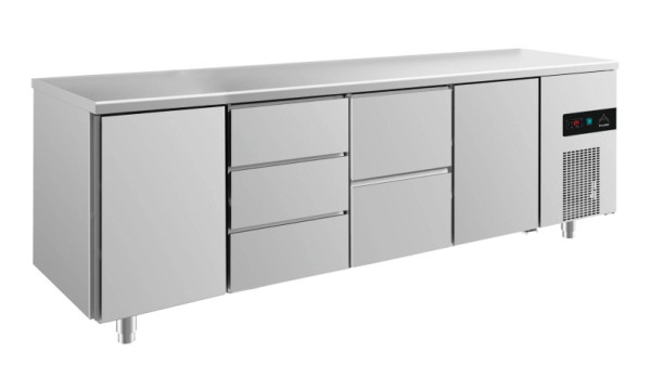 A&S Polarny Kühltisch -2 bis +8°C mit 2x Türen, 1x zwei Schubladen mittig-rechts und 1x drei Schubladen mittig-links, 2330 x 700 x 850 mm, KT4TDZT
