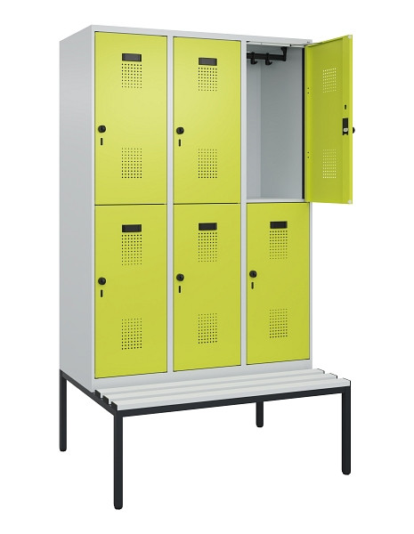 C+P Doppelstock-Spind Evolo PLUS, Bank, 6 Fächer, 2120x1200x815mm, 7035/0024, Drehriegel, Sitzfläche Kunststoff, Sitzbank, 0493507-32 S10096