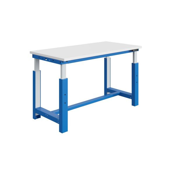 SOFAME SI Werkbank, elektrisch höhenverstellbar, B 1800 x T 750 x H 730 bis 1230 mm, RESITOP Laminat-Arbeitsplatte 30 mm, Himmelblau RAL 5015, W010010843BI