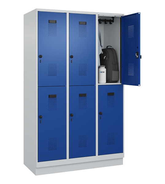C+P Doppelstöckiger Spind Evolo PLUS, mit Sockel, 6 Fächer, 1950x1200x500mm, 703, Frontfarbe RAL 5010 Enzianblau, Drehriegel, 049320-32 S10006