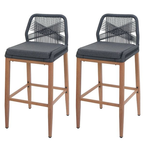 Mendler 2er-Set Rope-Barhocker HWC-O21, Outdoor Sitzpolster Seilgeflecht Metall Holz-Optik, anthrazit, Kissen dunkelgrau, 110984