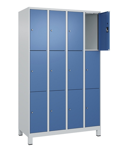 C+P Schließfachschrank Evolo PLUS, mit Füßen, 12 Fächer, 1950x1200x500mm, 7035/5023 Fernblau, Abteile 4, Abteilbreite 300 mm, 049010-403 S10008