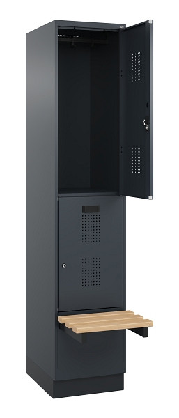 C+P Doppelstock-Spind Evolo PLUS, Bank, 2 Fächer, 1950x400x815mm, 7016/7016, Zylinderschloss, Sitzfläche Buche-Hartholz, mit Sockel, 049340-12 S10043