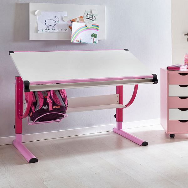 Wohnling Design Kinderschreibtisch MORITZ Holz 120 x 60 cm rosa / weiß, neigungsverstellbar, WL5.126