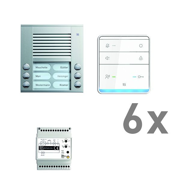 TCS Türkontrollsystem audio:pack AP für 6 Wohneinheiten, mit Außenstation PES 6 Klingeltasten, 6x Freisprecher ISW5010, Steuergerät BVS20, PAAF062/003