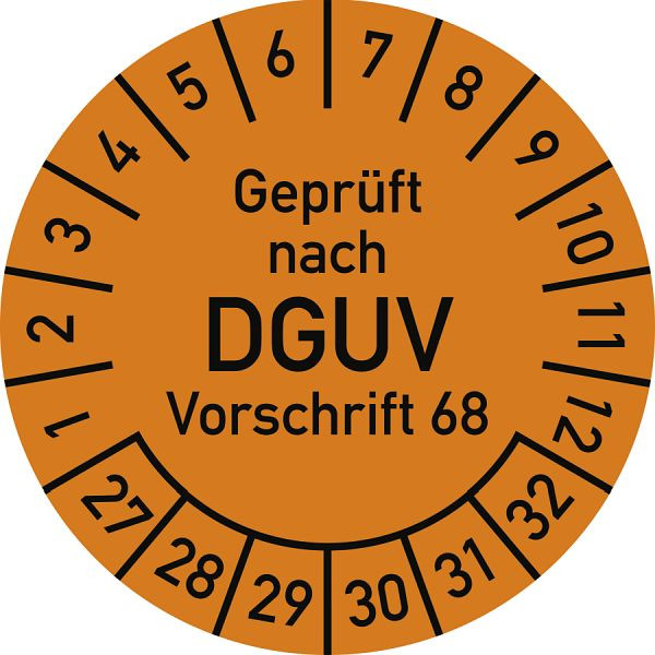 Moedel Prüfplakette Geprüft nach DGUV Vorschrift 68, 2027-2032, Polyesterfolie, Ø40mm, VE: 10 Stück/Bogen, 108282