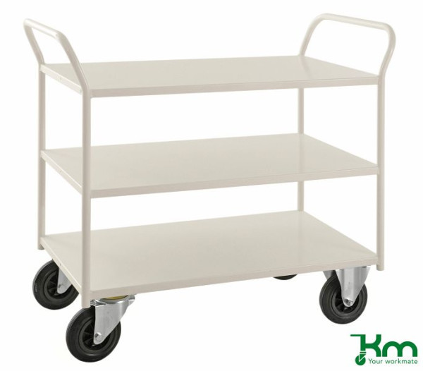 Kongamek Etagenwagen mit 3 Böden, vollständig geschweißt, 1070 x 550 x 975 mm, Weiß, 2 Bockrollen 2 Lenkrollen mit Bremse, KM4169B
