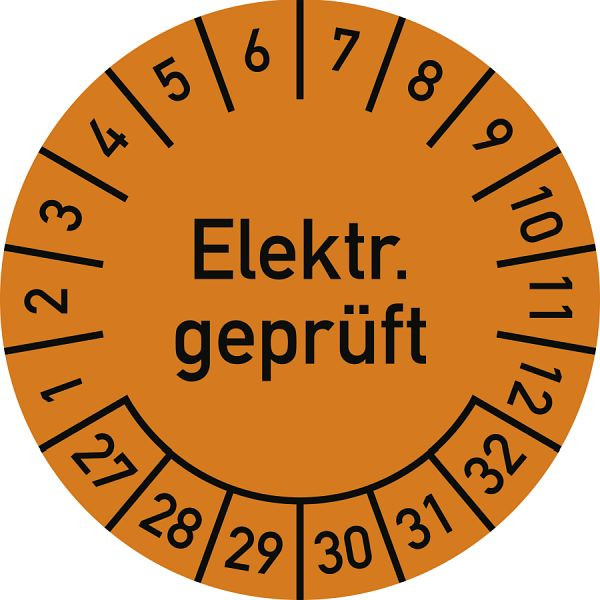 Moedel Prüfplakette Elektr. geprüft 2027 - 2032, Folie, Ø 30 mm, VE: 10 Stück/Bogen, 108238