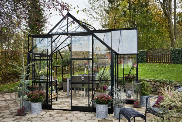 Halls ICON Gardenhouse 8, 13.0 m² Schwarz mit 3 mm Sicherheitsglas, HR01434