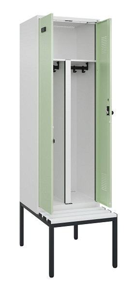 C+P PSA Doppel-Spind Evolo PLUS, Bank, 2 Abteile, 2120x600x815mm, 9016/6019, Drehriegel, Sitzfläche Kunststoff, Sitzbank, 0490527-20P S10073
