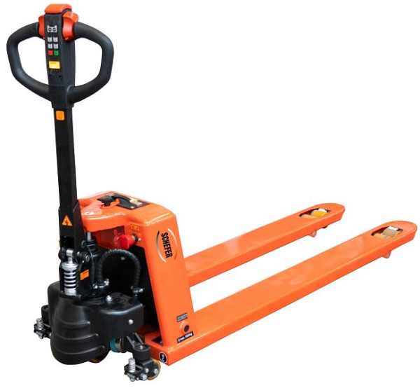 Schefer Elektrohubwagen EHW 15 Eco Plus in Sonderlänge inkl. Batterie und Ladegerät inkl. Seitenstabilisierungsräder, Wenderadius: 1700 mm, 1103044EHW15150