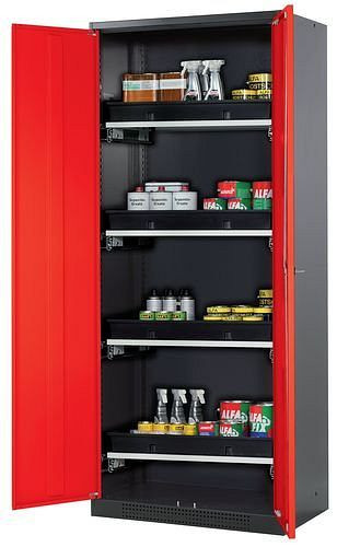 asecos Chemikalienschrank Systema-T CS-84, Korpus anthrazit, Flügeltüren rot, 4 Tablarauszüge, 208899