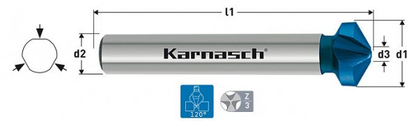 Karnasch Kegelsenker 120°, HSS-XE+Blue-Tec beschichtet, 3-Flächen-Schaft, Werksnorm d=16,5mm, VE: 2 Stück, 4030400165