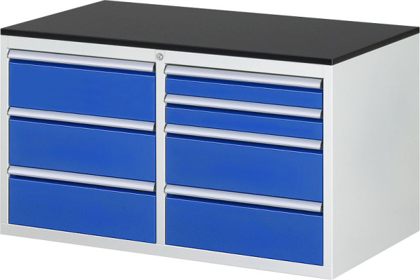 RAU Schubladenschrank Serie 7000, B1145xT650xH640mm, Schubladen: li: 3xH180mm, re: 2xH90, 2xH180mm, Arbeitsplatte melaminharzbeschichtet, 03-LL3.0.1A-M.11