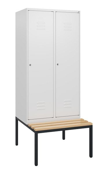 C+P Umkleidespind Classic PLUS, mit untergebauter Sitzbank, 2 Abteile, 1950x800x815mm, 9016/9016, Zylinderschlösser, Buche-Sitzleisten, 0800505-22 S10029
