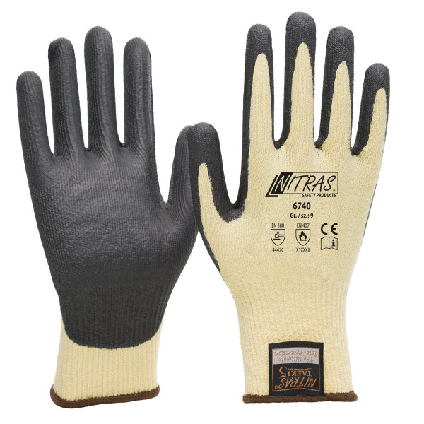 NITRAS TAEKI Schnittschutzhandschuhe, gelb, PU-Beschichtung, teilbeschichtet auf Innenhand und Fingerkuppen, schwarz, Größe: 7, VE: 100 Paar, 6740-7