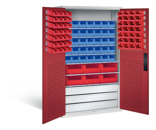 C+P Magazinschrank Serie 13, H1950xB1100xT535mm, Farbe: Lichtgrau / Rubinrot, Muldengriff, 130276-68 S10027