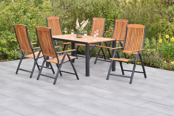 Merxx Athos Set 7-teilig, 6 Klappsessel, Rückenlehne 5-fach verstellbar, 1 Tisch 150 x 90 cm, Aluminium mit FSC Akazienholz, 50833-217