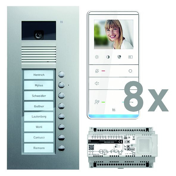 TCS Türkontrollsystem video:pack UP für 8 Wohneinheiten, mit Außenstation AVU 8 Klingeltasten, 8x Video Freisprecher IVW5111, Steuerung, PVU17080-0010