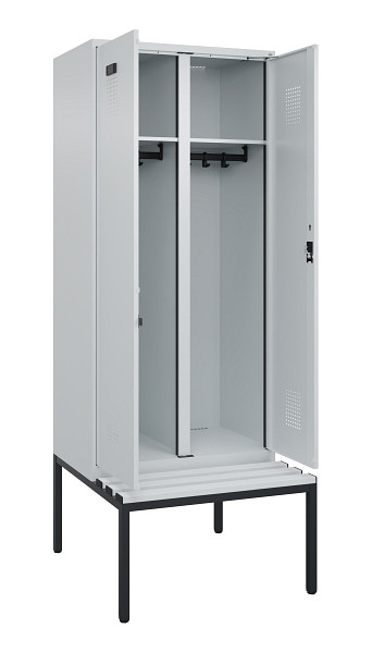 C+P Schwarz-Weiß-Spind Evolo PLUS, Bank, 2 Abteile, 2120x800x815mm, 7035/7035, Zylinderschloss, Sitzfläche Kunststoff, Sitzbank, 0490527-22 S10094