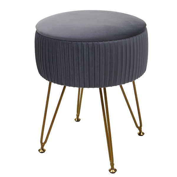 Mendler Sitzhocker HWC-K47, Hocker mit Staufach, Ø 33cm, Samt-Optik, hellgrau, Gestell gold, 94406