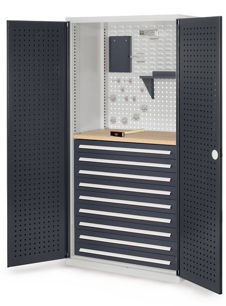 Kappes RasterPlan Schubladenschrank, Modell 17, RAL 7035/7016, Türinnenseite: Lochplatten, 1950 x 1000 x 600 mm, 9 Schubladen H 100 mm, 1460.07.3024