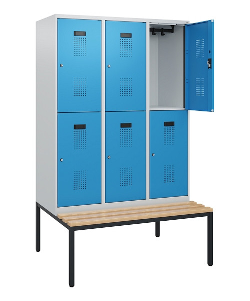 C+P Doppelstöckiger Spind Evolo PLUS, Bank, 6 Fächer, 1950x1200x815mm, 7035/5012, Zylinderschloss, Sitzfläche Buche-Hartholz, Sitzbank, 0493505-32 S10031