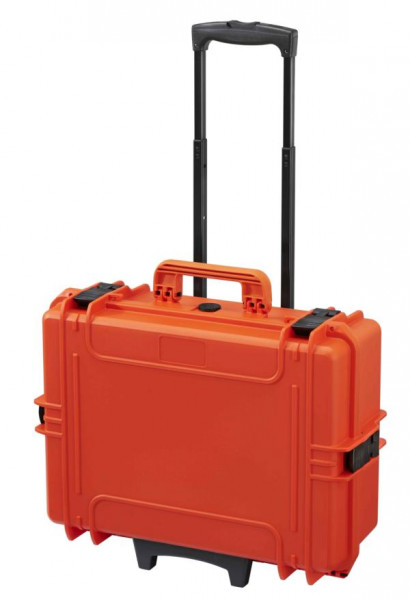 MAX wasser- und staubdichter Fotokoffer in orange, mit eingesetzter Fototasche und Noppenschaum im Deckel und Trollyfunktion, MAX505CAMTR-O