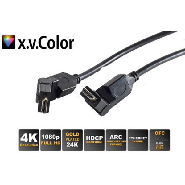 S-Conn HDMI A-Stecker winkelbar auf HDMI A-Stecker winkelbar, 360° drehbarer Stecker, vergoldete Kontakte, Full HD, ULTRA HD, 3D, HEAC, 2,0m, 77472-9