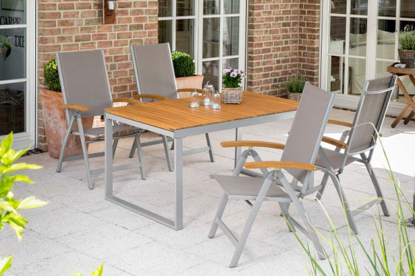 Merxx Naxos Set 5-teilig, 4 Naxos Klappsessel, 1 Ausziehtisch, 150 (200) x 90 cm, Aluminium mit Textilbespannung und FSC Akazienholz, 50219-309