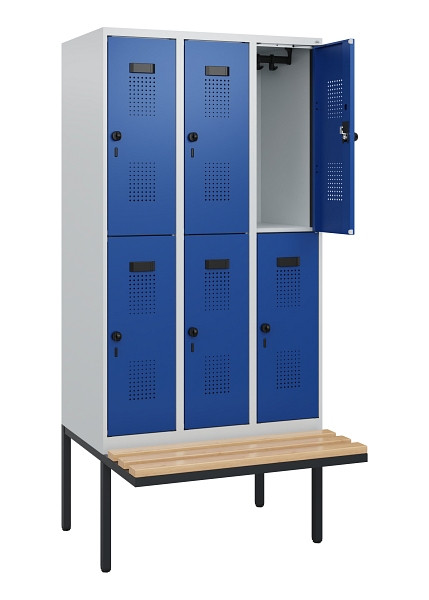 C+P Doppelstock-Spind Evolo PLUS, Bank, 6 Fächer, 1950x900x815mm, 7035/5010, Drehriegel, Sitzfläche Buche-Hartholz, 0493405-30 S10006