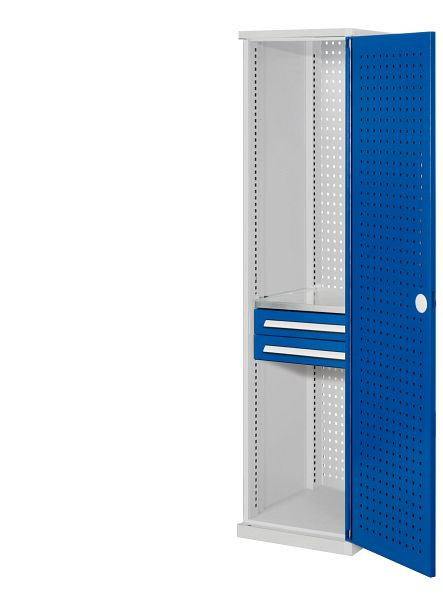 Kappes RasterPlan Schubladenschrank schmal Mod 4, 1950 x 600 x 600 mm, 7035/5010, Lochplattentür, 1 Fachboden verzinkt, 2 Schubladen 125 mm, 1567.03.3016