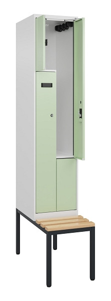 C+P Z-Spind Evolo PLUS, Bank, 2 Fächer, 2120x400x815mm, 9016/6019, Zylinderschloss, Sitzfläche Buche-Hartholz, Sitzbank, 0490537-122 S10046