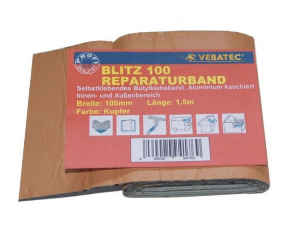 Vebatec Blitz Butyl Reparaturband Aluminium, Farbe: kupferfarben, 100mm x 1,5m, 140