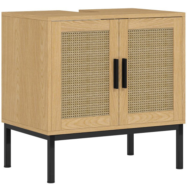kleankin Badezimmerunterschrank, im Boho-Design, Badezimmerschrank, Rattan-Elemente, mit U-Ausschnitt, Eiche, 834-516V91AK
