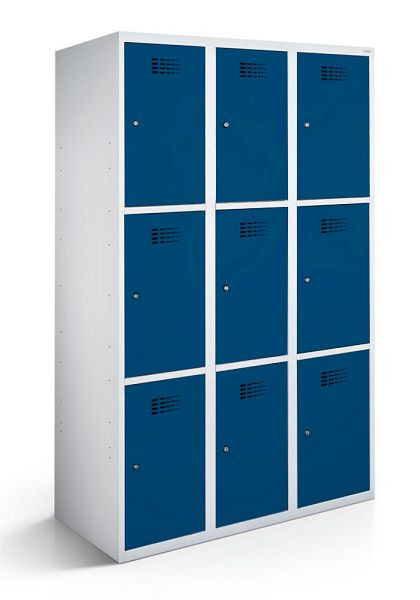 KEMMLIT Schließfachschrank mit 3 Abteilen und 9 Türen 40cm mit geschlossenem Sockel, Enzianblau 5010, Zylinderschloss, 100584