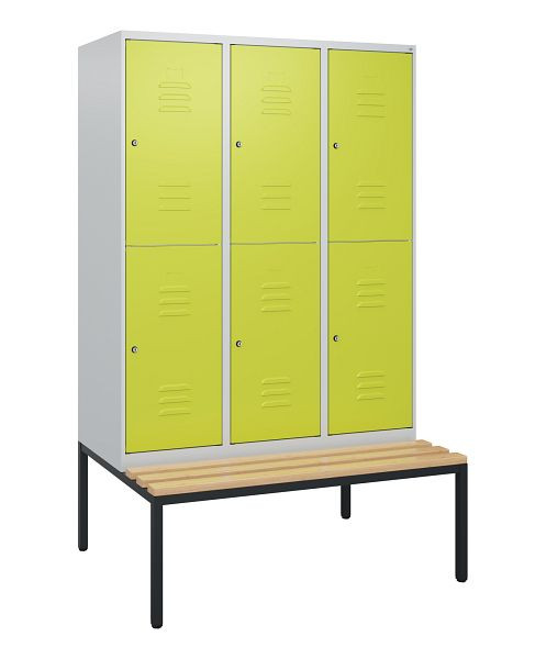C+P Doppelstöckiger Spind Classic PLUS, 3 Abteile, 1950x1200x815mm, 7035/0024, Zylinderschlösser, Buche-Sitzleisten, Sitzbank, 0803505-32 S10040