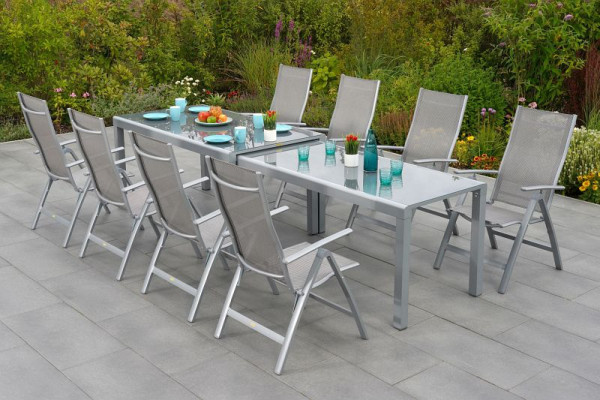 Merxx Taviano Set 9-teilig, 8 Klappsessel, gepolstert, 1 Flex Ausziehtisch, 160/160 x 90/75 x 78/74,5cm, Silber/diamantbraun, 50686-330