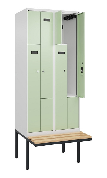 C+P Z-Spind Evolo PLUS, Bank, 4 Fächer, 2120x800x815mm, 9016/6019, Zylinderschloss, Sitzfläche Holz, 0490437-224 S10046