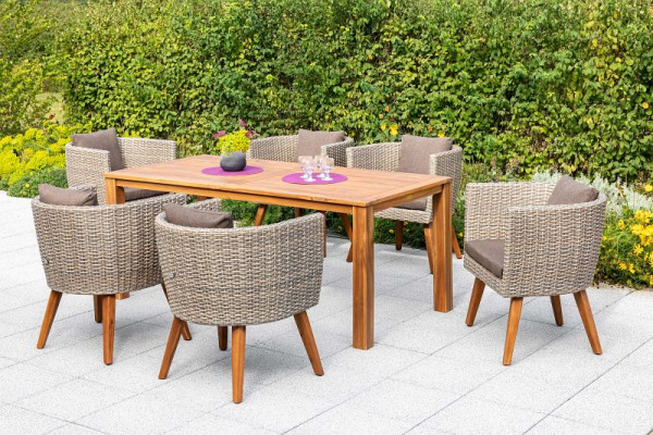 Merxx Imperia Set 7-teilig, 6 Imperia Sessel, inkl. Sitzkissen, Sesselbeine aus Akazienholz, 1 Tisch 185 x 90 cm, Akazienholz, FSC Akazienholz, 50430-255