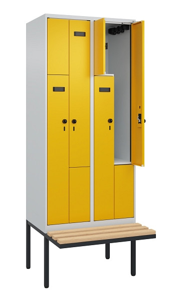 C+P Z-Spind Evolo PLUS, Bank, 4 Fächer, 2120x800x815mm, 7035/1004, Drehriegel, Sitzfläche Holz, 0490437-224 S10001