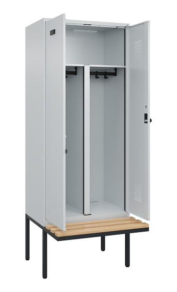 C+P PSA Doppel-Spind Evolo PLUS, Bank, 2 Abteile, 2120x800x815mm, 7035/7035, Drehriegel, Sitzfläche Holz, 0490427-22P S10013